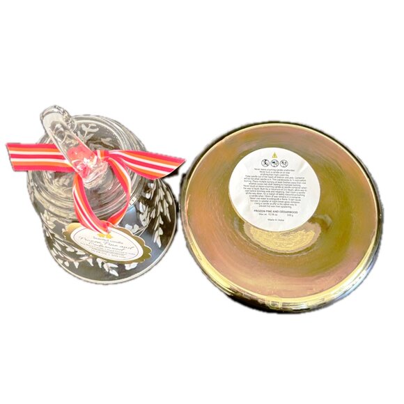 SALE  Etched Glass Bell Cloche Candle Pine Cedarwood Scented Soy Wax Gold Jar - Picture 8 of 11